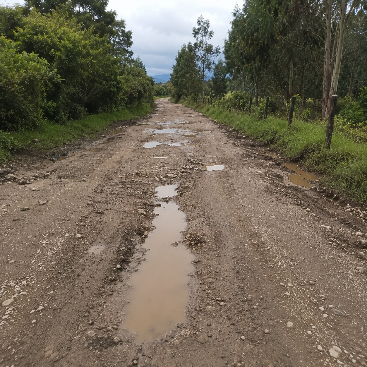Camino con baches y terreno irregular — antes de compactación Maquivial